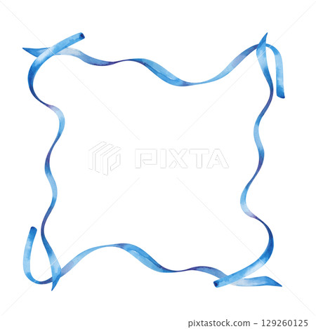 A frame of four flowing blue ribbons, hand-drawn. The watercolor illustration is isolated on a white background. A template made of thin ribbons with space for text. For birthday, anniversary, wedding 129260125