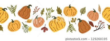 Seamless pattern with pumpkins, leaves and branches celebrating autumn vibes Seamless pattern with pumpkins, leaves and branches celebrating autumn vibes 129260195