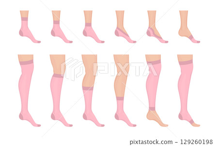 Different types of pink socks and stockings on feet and legs 129260198