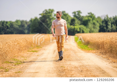 Man agronomist farmer. Crop protection. Agriculture farm. Farm man at wheat field. Crop harvest and farming. Farmer in field. Hispanic man farmer check agriculture field harvest. Cultivation concept 129260206
