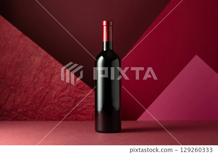 Bottle of red wine on a red background. Bottle of red wine on a red background. 129260333