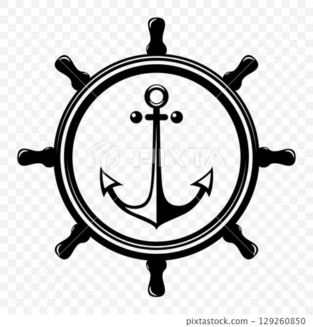 Vector Vintage Anchor and Helm Wheel. Nautical Marine Steering Black Icon, Logo, Captain Tattoo Design, Sailing Club Emblem, Sea Adventure Symbol, Retro Maritime Badge, Ship Wheel Silhouette Clipart 129260850