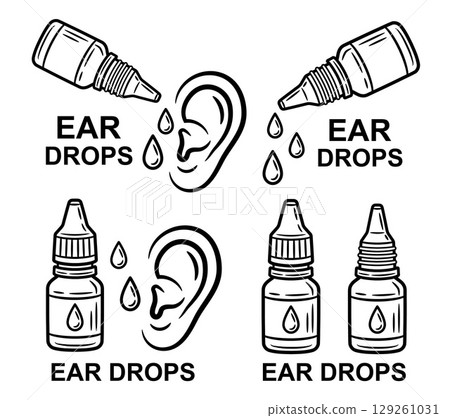 Medical ear liquid drops, medicine dropper bottle, pharmacy medication, human hearing organ health, hygiene clean, otolaryngology otitis disease treatment line icon set. Fluid drip medicament vector Medical ear liquid drops, medicine dropper bottle, pharmacy medication, human hearing organ health, hygiene clean, otolaryngology otitis disease treatment line icon set. Fluid drip medicament vector 129261031