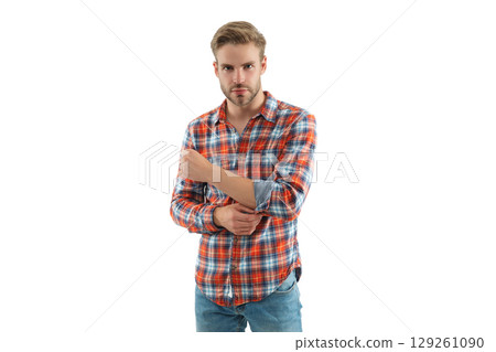 Handsome and young guy model. Male model. Man in checkered shirt isolated on white. Stylish man with hairstyle. Trendy fashion style. Male casual style. Caucasian casual guy. Street style edge Handsome and young guy model. Male model. Man in checkered shirt isolated on white. Stylish man with hairstyle. Trendy fashion style. Male casual style. Caucasian casual guy. Street style edge 129261090