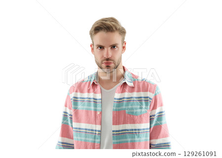 Young man isolated on white. Stylish young man portrait. Casual style of man. Guy has stylish haircut. Young man wearing casual shirt. Casual male style portrait. Millennial portrait Young man isolated on white. Stylish young man portrait. Casual style of man. Guy has stylish haircut. Young man wearing casual shirt. Casual male style portrait. Millennial portrait 129261091