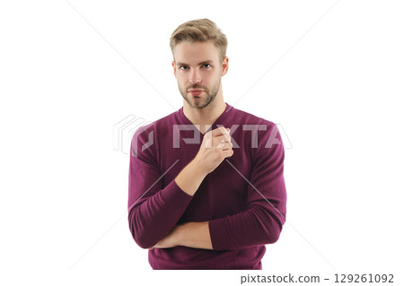 Guy has stylish jumper. Young man wearing casual jumper. Casual male style portrait. Millennial portrait. Young man isolated on white. Stylish young man portrait. Casual style of man. Young guy style Guy has stylish jumper. Young man wearing casual jumper. Casual male style portrait. Millennial portrait. Young man isolated on white. Stylish young man portrait. Casual style of man. Young guy style 129261092