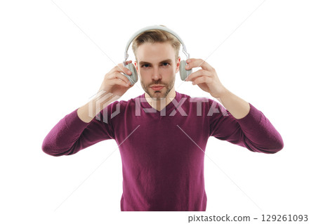 Listen audio. Millennial man gen lifestyle. Lifestyle and music. Man listen music in audio headphones isolated on white. Modern millennial man lifestyle. Music style. Wireless headphones Listen audio. Millennial man gen lifestyle. Lifestyle and music. Man listen music in audio headphones isolated on white. Modern millennial man lifestyle. Music style. Wireless headphones 129261093