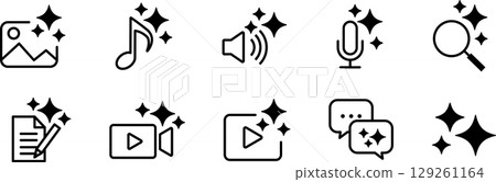AI artificial intelligence and generation AI icons, image, video, audio, and text generation black and white 129261164