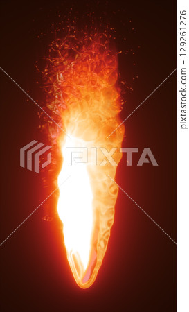 Vertical stream of fire in vivid orange and yellow, surrounded by glowing embers and smoky details in a dark environment 129261276