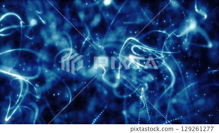 Abstract glowing blue fiber optic strands swirling in a dynamic digital network formation 129261277