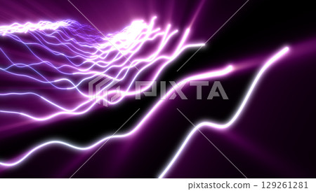 Pulsating violet and magenta light streams ripple across a digital landscape with glowing dotted lines and deep black gaps 129261281
