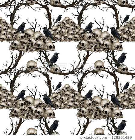Pile of human skulls, black ravens, dry branches seamless pattern. Watercolor Illustration isolated from background. Gothic style for Day of the Dead, Halloween packaging, textile, decoration design Pile of human skulls, black ravens, dry branches seamless pattern. Watercolor Illustration isolated from background. Gothic style for Day of the Dead, Halloween packaging, textile, decoration design 129261429