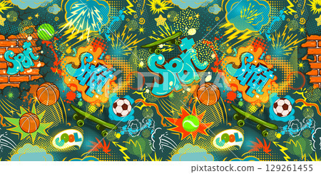 Seamless background street graffiti. hand drawing. Not AI, Vector illustration. 129261455