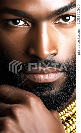 Close up portrait of confident African American male wearing gold chain, touching beard, embodying sophisticated masculinity against shadowy background Close up portrait of confident African American male wearing gold chain, touching beard, embodying sophisticated masculinity against shadowy background 129261566