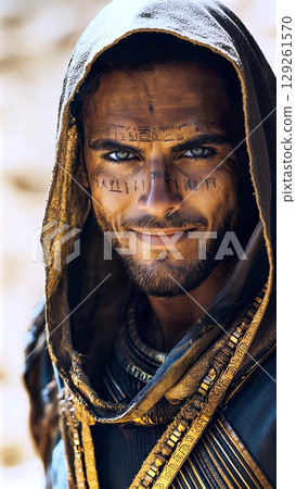 Egyptian man wearing traditional hood, adorned with gold necklaces, bearing hieroglyphic symbols across weathered face, expressing cultural heritage 129261570