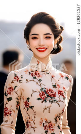 Refined Chinese woman in floral qipao, mandarin collar, smiling brightly during official ceremony, embodying cultural elegance and traditional beauty 129261587
