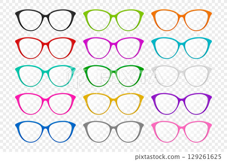 Vector Colorful Eyeglass Frames Icon Set, Isolated. Fashion Glasses, Trendy Optical Eyewear, Spectacles Collection. Modern Eyeglass Frame Design for Vision, Stylish Eyeglass Fashion 129261625