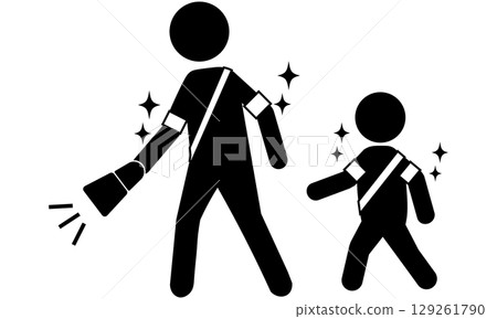 成人和兒童夜間安全行走的象形圖，帶有反光材料和燈光 129261790
