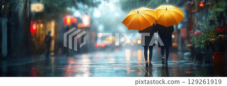 A couple with yellow umbrellas walks along a quiet, rainy street in an old town, the soft rain and blurred background creating a peaceful, relaxed ambiance in muted hues, banner 129261919
