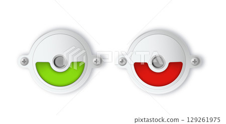 Toilet or restroom locks green and red round metal isolated on white. Occupied and Free. Regular public restroom door mechanism indicating. Vector 129261975