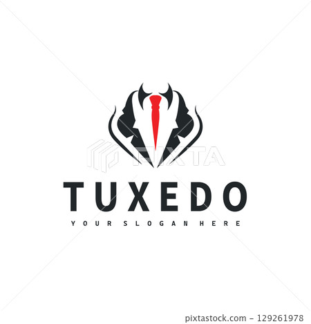 Cool and masculine tuxedo logo design for men suit black silhouette illustration minimalist and simple design for business brand, shop, poster and temple symbol Cool and masculine tuxedo logo design for men suit black silhouette illustration minimalist and simple design for business brand, shop, poster and temple symbol 129261978