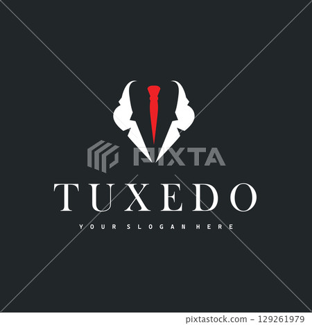 Cool and masculine tuxedo logo design for men suit black silhouette illustration minimalist and simple design for business brand, shop, poster and temple symbol 129261979