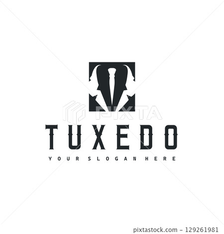 Cool and masculine tuxedo logo design for men suit black silhouette illustration minimalist and simple design for business brand, shop, poster and temple symbol 129261981