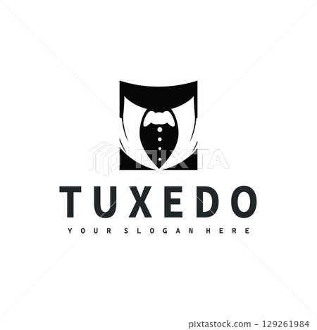 Cool and masculine tuxedo logo design for men suit black silhouette illustration minimalist and simple design for business brand, shop, poster and temple symbol 129261984