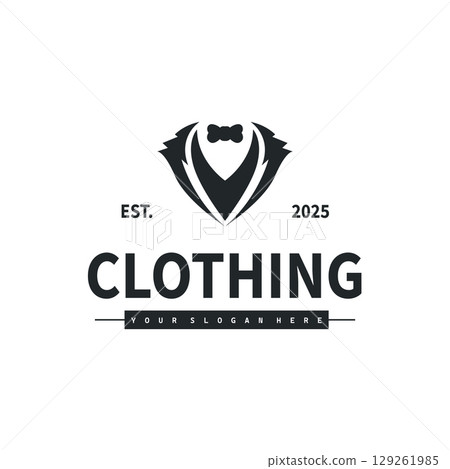Cool and masculine tuxedo logo design for men suit black silhouette illustration minimalist and simple design for business brand, shop, poster and temple symbol Cool and masculine tuxedo logo design for men suit black silhouette illustration minimalist and simple design for business brand, shop, poster and temple symbol 129261985