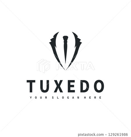 Cool and masculine tuxedo logo design for men suit black silhouette illustration minimalist and simple design for business brand, shop, poster and temple symbol 129261986
