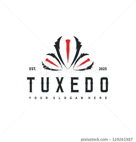 Cool and masculine tuxedo logo design for men suit black silhouette illustration minimalist and simple design for business brand, shop, poster and temple symbol 129261987