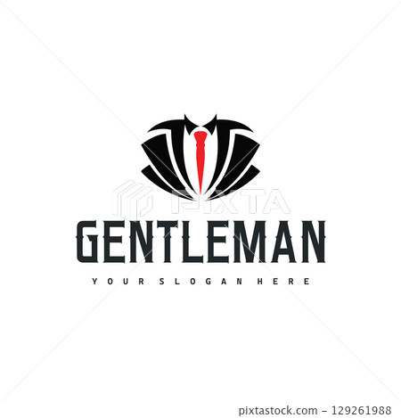 Cool and masculine tuxedo logo design for men suit black silhouette illustration minimalist and simple design for business brand, shop, poster and temple symbol Cool and masculine tuxedo logo design for men suit black silhouette illustration minimalist and simple design for business brand, shop, poster and temple symbol 129261988