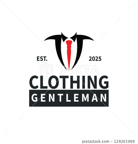 Cool and masculine tuxedo logo design for men suit black silhouette illustration minimalist and simple design for business brand, shop, poster and temple symbol Cool and masculine tuxedo logo design for men suit black silhouette illustration minimalist and simple design for business brand, shop, poster and temple symbol 129261989