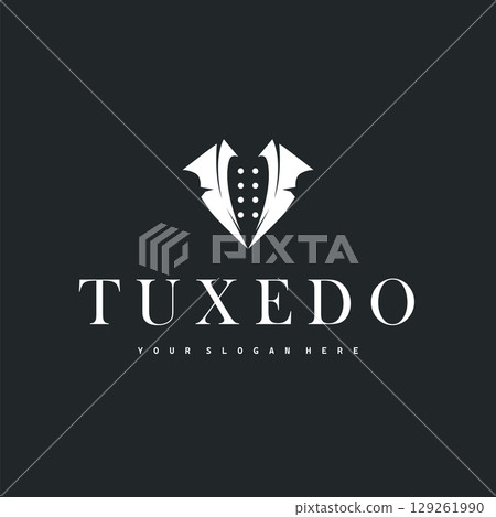 Cool and masculine tuxedo logo design for men suit black silhouette illustration minimalist and simple design for business brand, shop, poster and temple symbol 129261990
