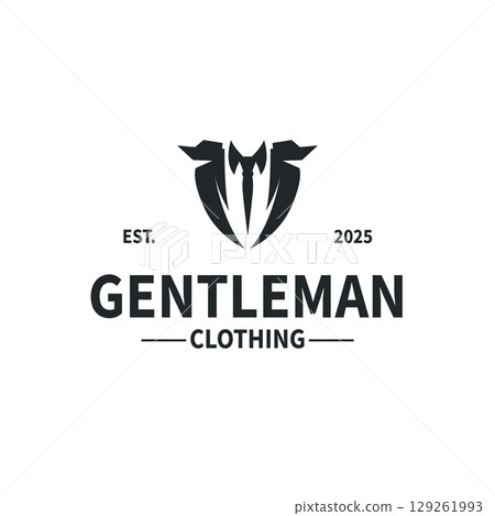 Cool and masculine tuxedo logo design for men suit black silhouette illustration minimalist and simple design for business brand, shop, poster and temple symbol 129261993