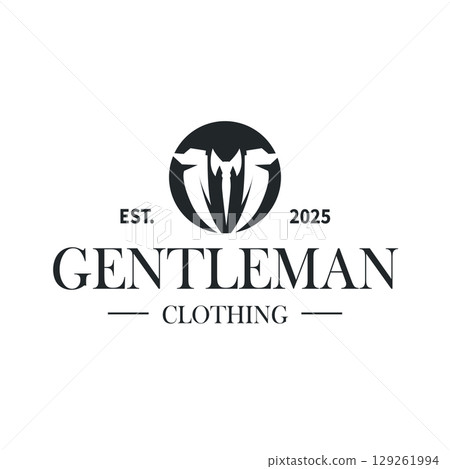 Cool and masculine tuxedo logo design for men suit black silhouette illustration minimalist and simple design for business brand, shop, poster and temple symbol 129261994