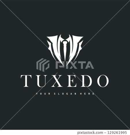 Cool and masculine tuxedo logo design for men suit black silhouette illustration minimalist and simple design for business brand, shop, poster and temple symbol Cool and masculine tuxedo logo design for men suit black silhouette illustration minimalist and simple design for business brand, shop, poster and temple symbol 129261995