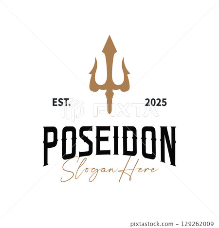 Trident logo weapon concept, pitchfork weapon as a symbol of poseidon, neptune, the god of the sea, design illustration concept for product brand, shop, template and poster Trident logo weapon concept, pitchfork weapon as a symbol of poseidon, neptune, the god of the sea, design illustration concept for product brand, shop, template and poster 129262009
