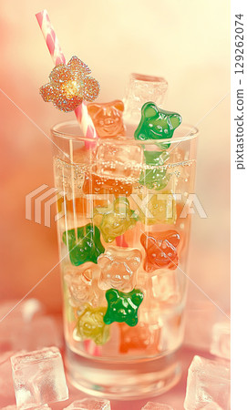 Colorful gummy bear drink in a glass filled with ice cubes and a straw Colorful gummy bear drink in a glass filled with ice cubes and a straw 129262074