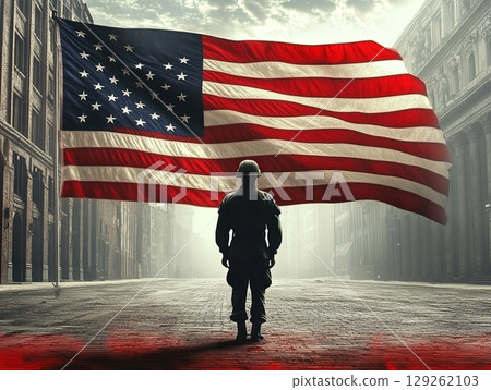 Soldier standing proudly with American flag in street, symbolizing patriotism Soldier standing proudly with American flag in street, symbolizing patriotism 129262103