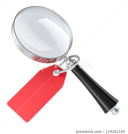 Magnifying glass with red tag. 3D rendering Magnifying glass with red tag. 3D rendering 129262184