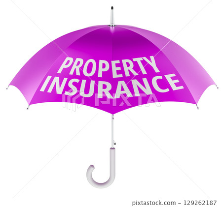 Property Insurance, pink umbrella. 3D rendering Property Insurance, pink umbrella. 3D rendering 129262187