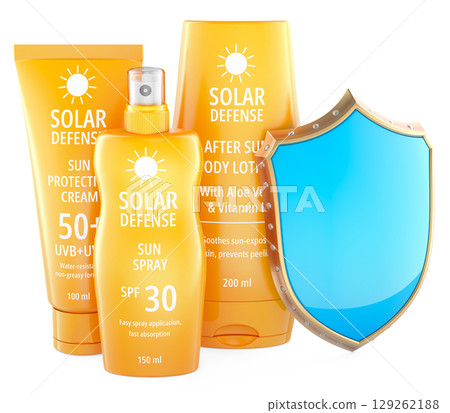 Solar Defense, sunscreen set with blue shield. 3D rendering 129262188