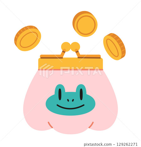 Cute vintage coin purse with frog face and coins, symbol of savings and wealth. Trendy modern vector illustration isolated on white background, hand drawn, flat design 129262271