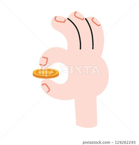 Hand holding coin, representing microtransactions, investments or savings. Trendy modern vector illustration isolated on white background, hand drawn, flat design 129262293