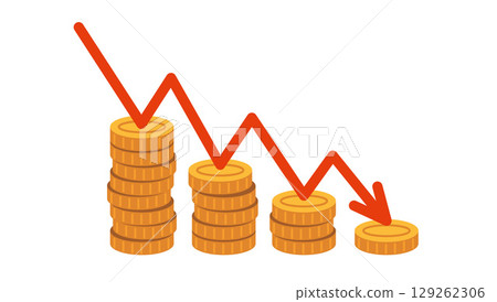 Falling chart with coins, symbolizing financial loss, crisis, or declining income. Modern vector illustration isolated on white background, hand drawn, flat design Falling chart with coins, symbolizing financial loss, crisis, or declining income. Modern vector illustration isolated on white background, hand drawn, flat design 129262306