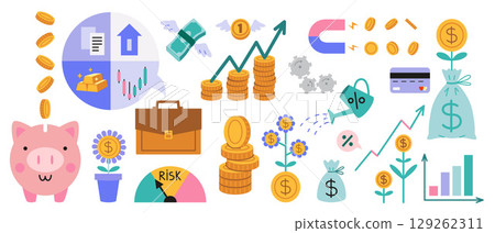 Set of financial and investment elements like piggy bank, portfolio, capital growth, stack of coins and money symbols. Trendy modern vector illustration isolated on white, flat design 129262311