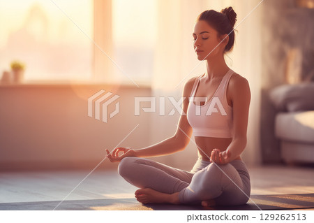 Woman Practicing Yoga in Serene Morning Light by Window in Peaceful Indoor Space 129262513