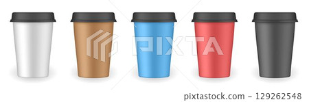 Realistic set of paper coffee cups. Coffee to go. Take away. White, red, green, black paper cups Realistic set of paper coffee cups. Coffee to go. Take away. White, red, green, black paper cups 129262548
