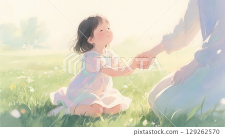 女孩與母親牽著手、感到安全感的插圖 女孩與母親牽著手、感到安全感的插圖 129262570